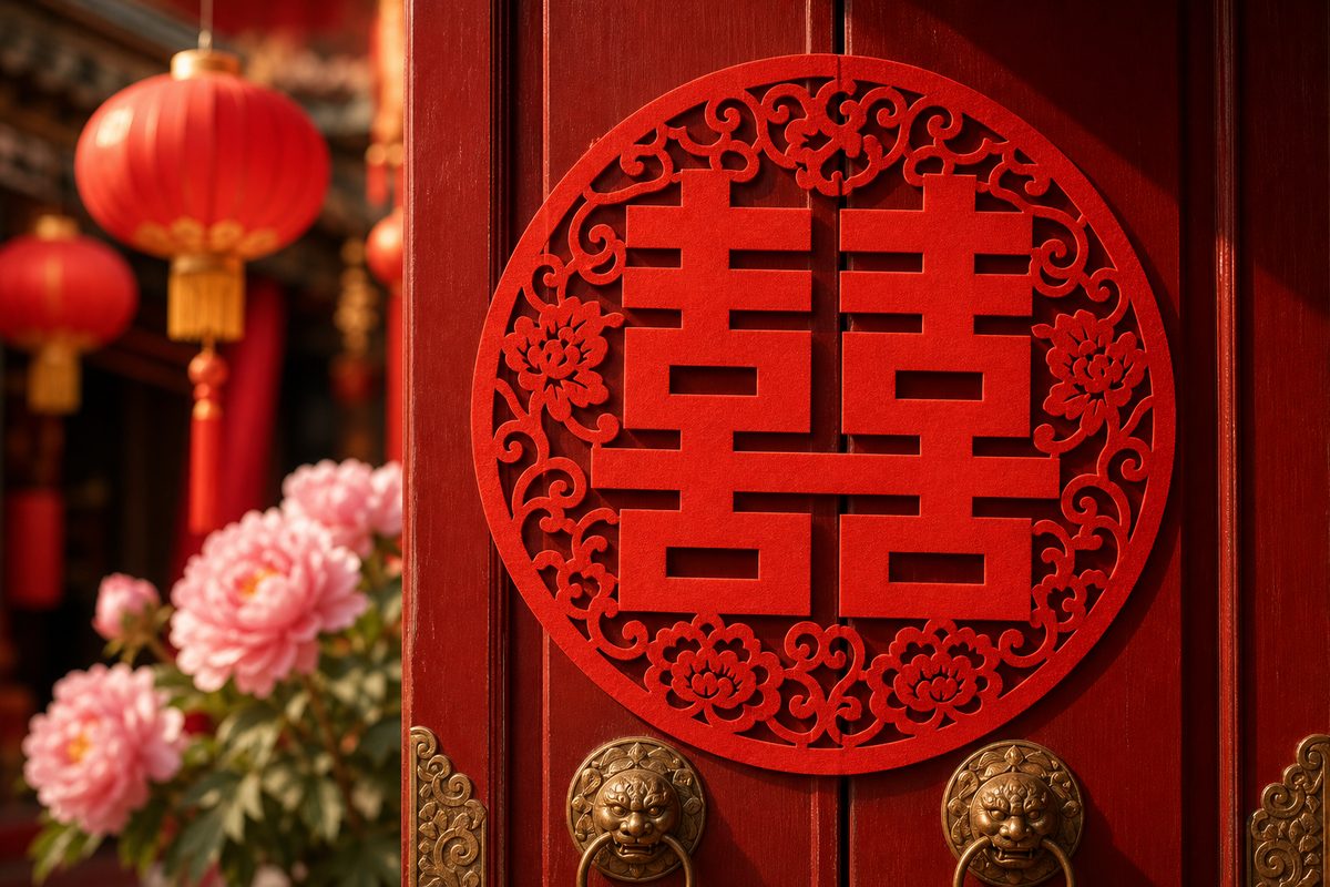 A red paper-cut of the double happiness symbol 囍 on a red wedding door with lanterns and peonies.