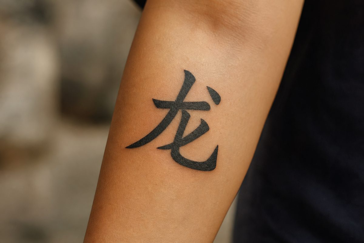 The character 龙 (dragon) tattooed in bold black brush script on a forearm.