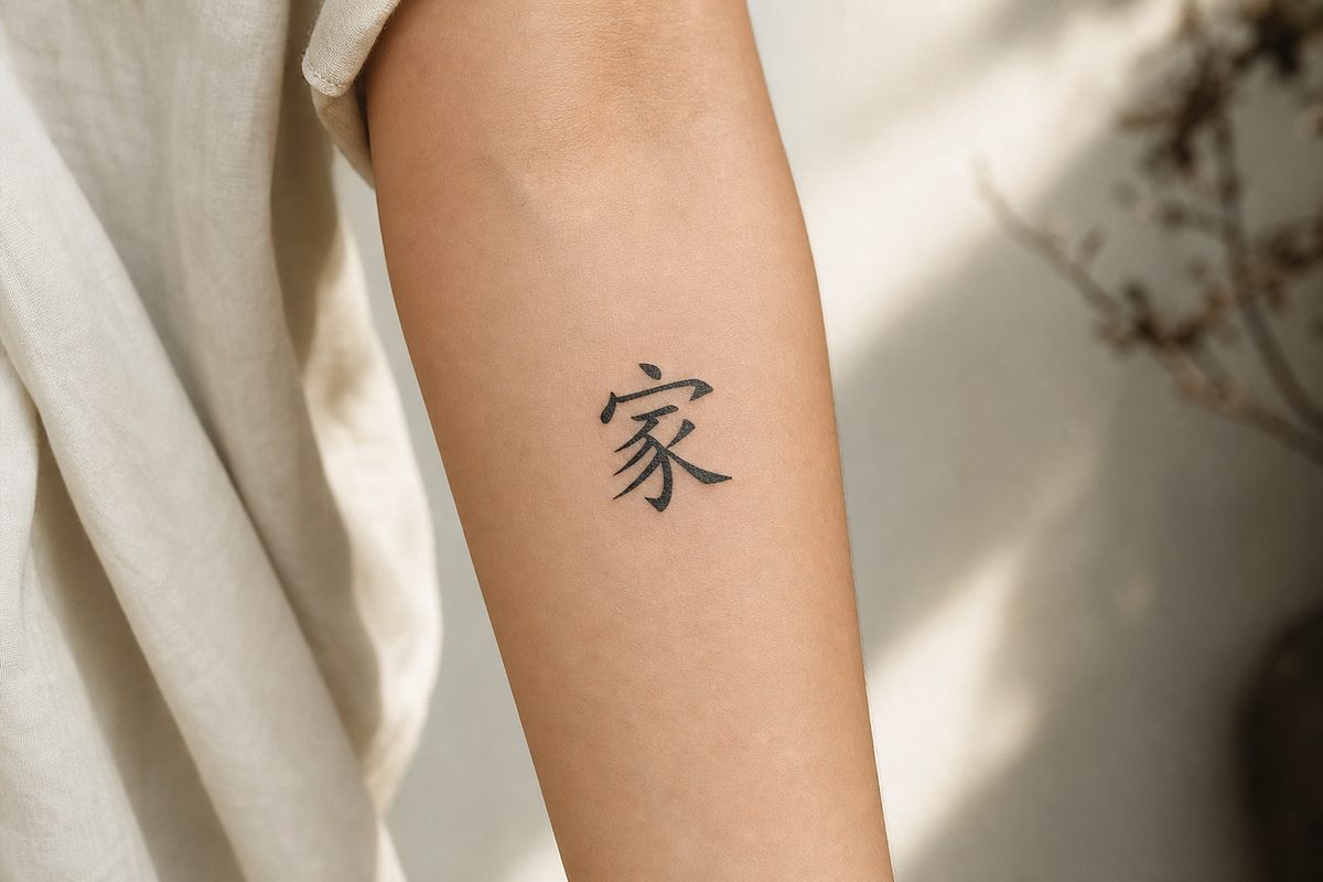 The character 家 (family, home) tattooed in fine black brush script on an inner forearm.