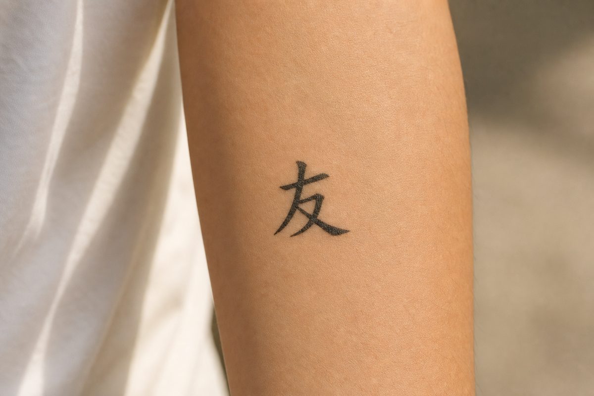 The character 友 (friendship) tattooed in fine black brush script on an inner forearm.