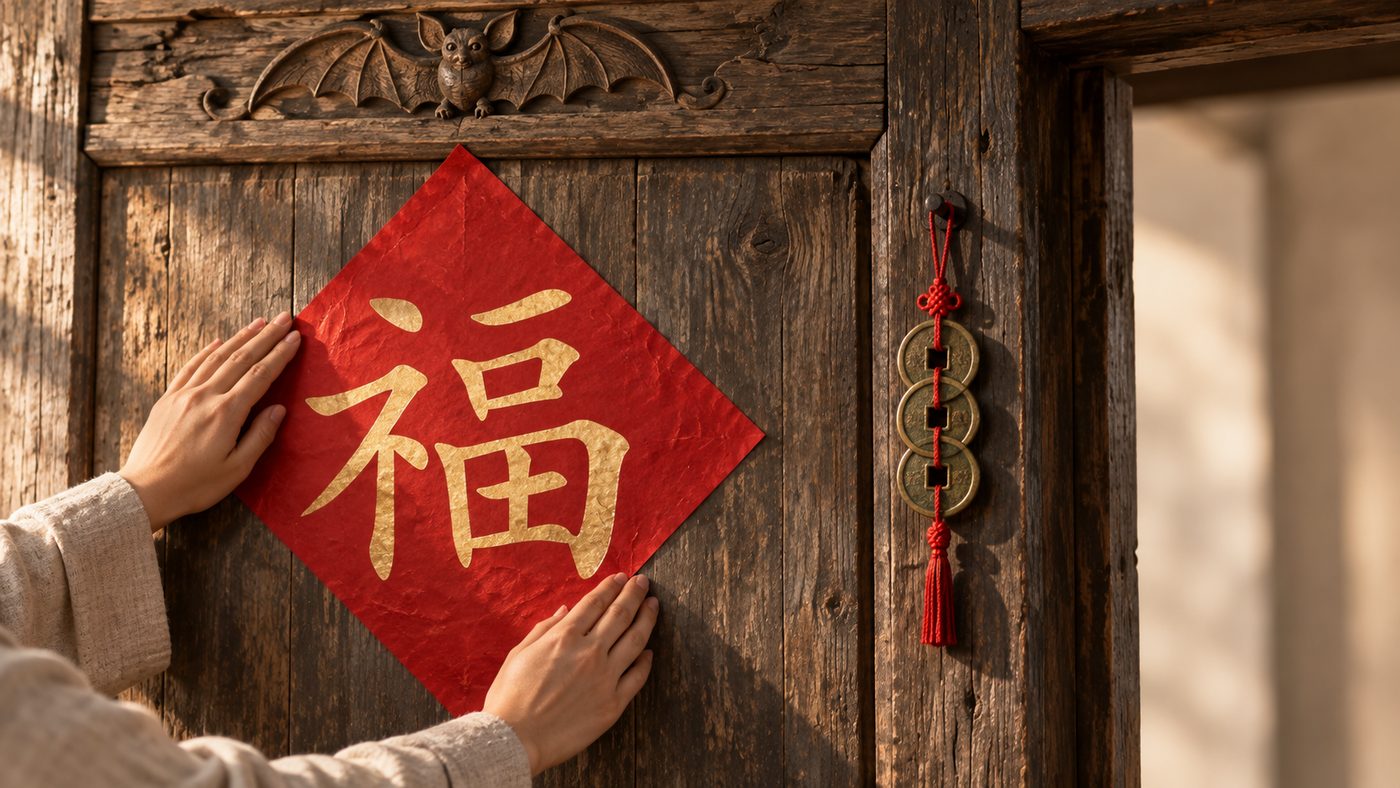 A close view of a weathered wooden door with a red diamond of paper bearing the gold character for blessing pressed flat by two hands, a string of bronze coins hanging beside it and a bat carved into the lintel above.