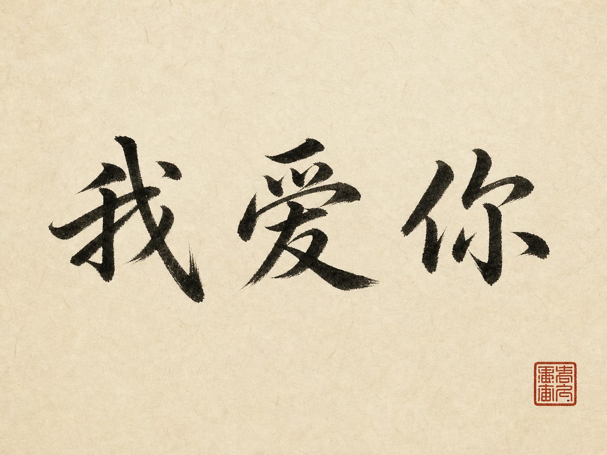 The phrase 我爱你 (wǒ ài nǐ, I love you) in flowing black brush calligraphy with a red seal on warm rice paper.