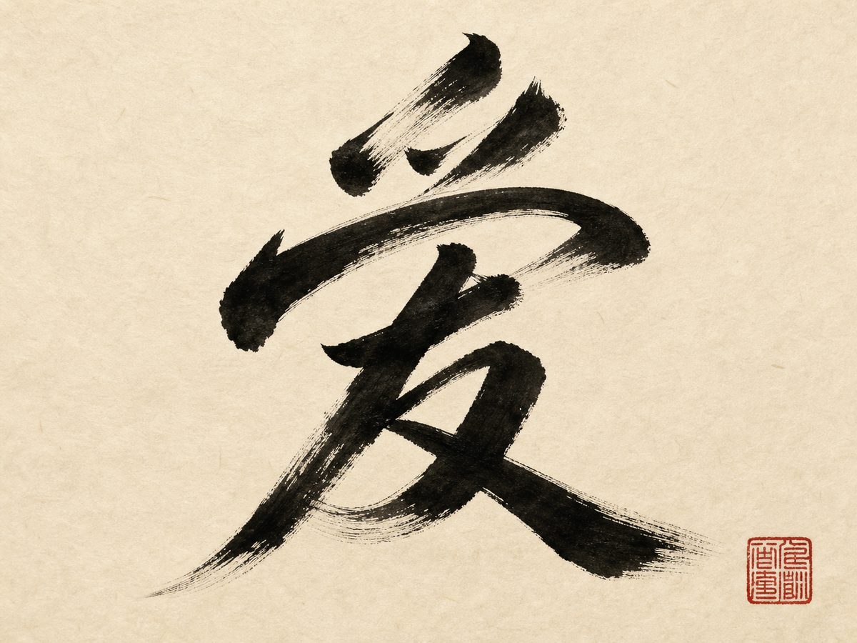 The simplified character 爱 (love) in bold running-cursive brush calligraphy with a red seal on warm paper.