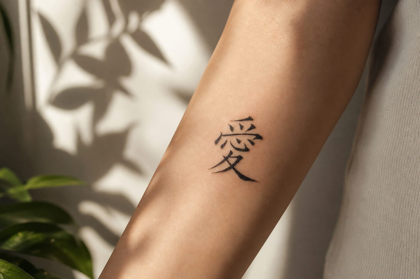 The traditional character 愛 (love) tattooed in fine black brush script on an inner forearm.