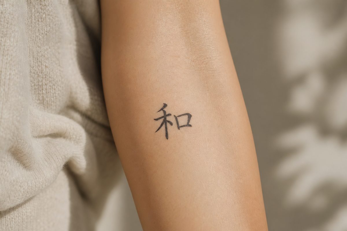 The character 和 (peace, harmony) tattooed in fine black brush script on an inner forearm.