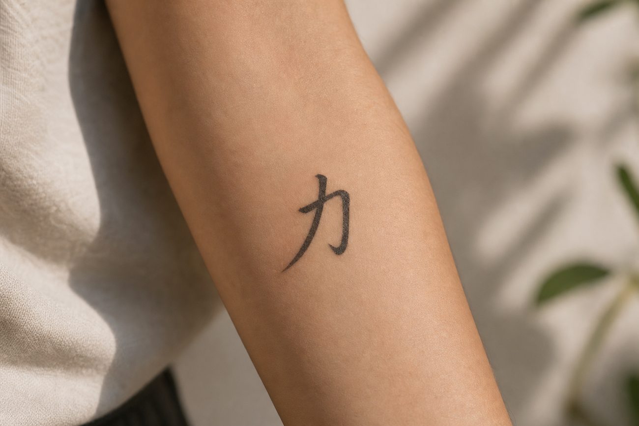 The character 力 (strength, power) tattooed in fine black brush script on an inner forearm.