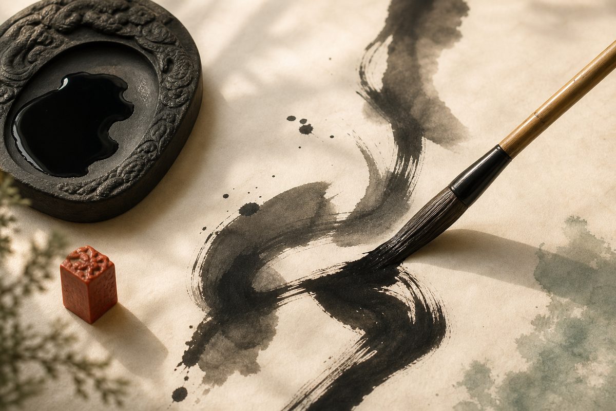 A carved inkstone, a red seal stone, and a bamboo brush trailing black strokes across rice paper.