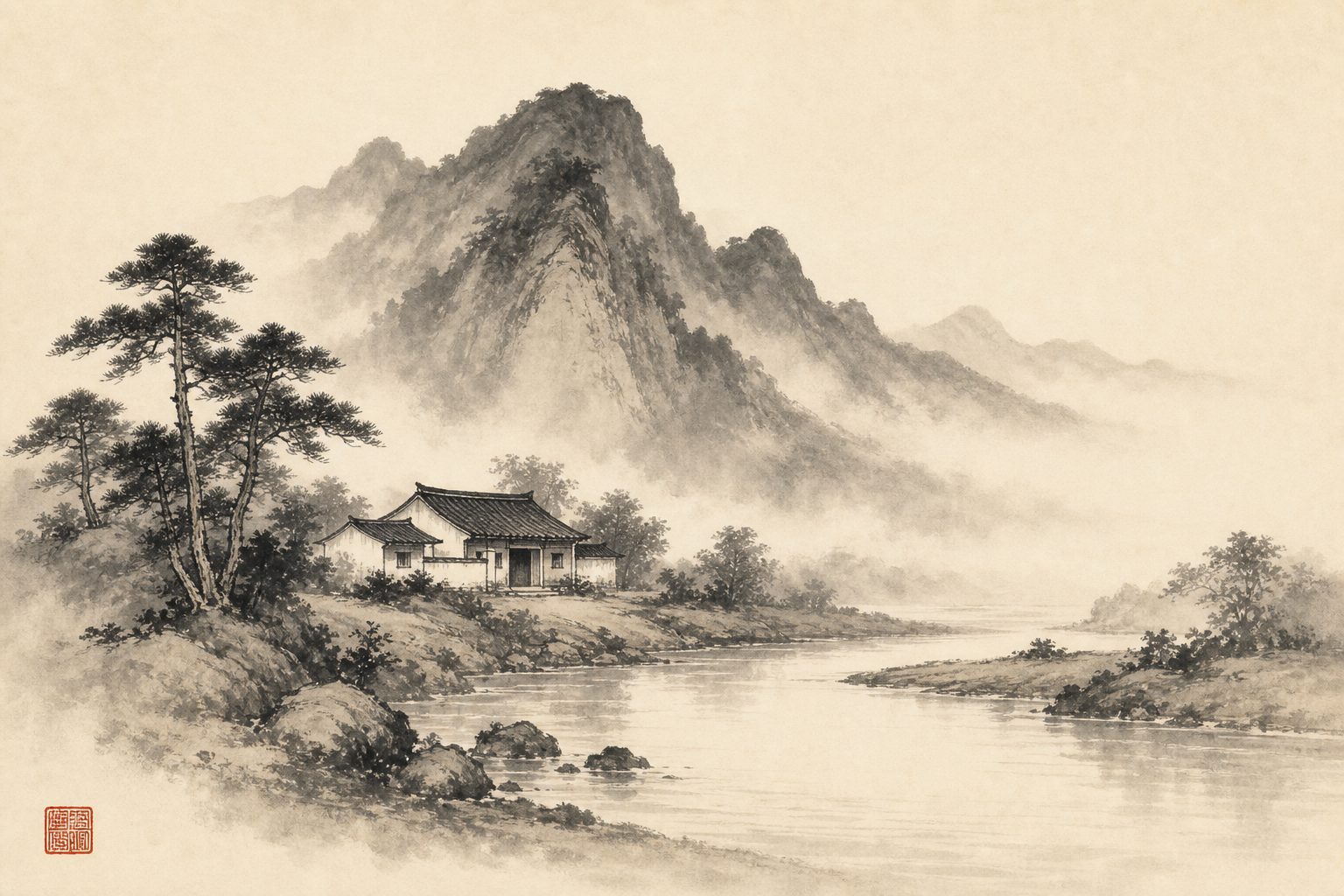 Ink landscape of a house sheltered by a mountain behind and water in front, the classical feng shui ideal.