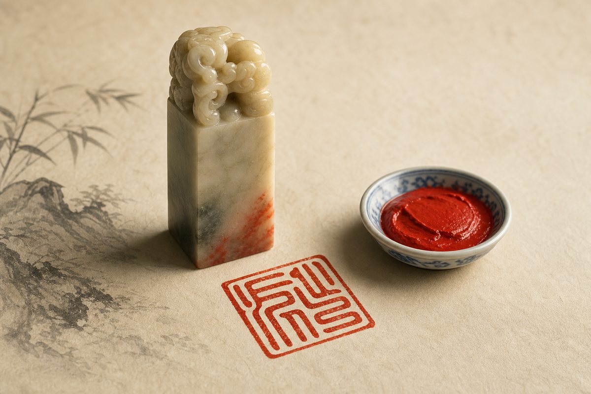 A carved jade name seal beside a porcelain dish of red seal paste, its square red impression stamped on paper.