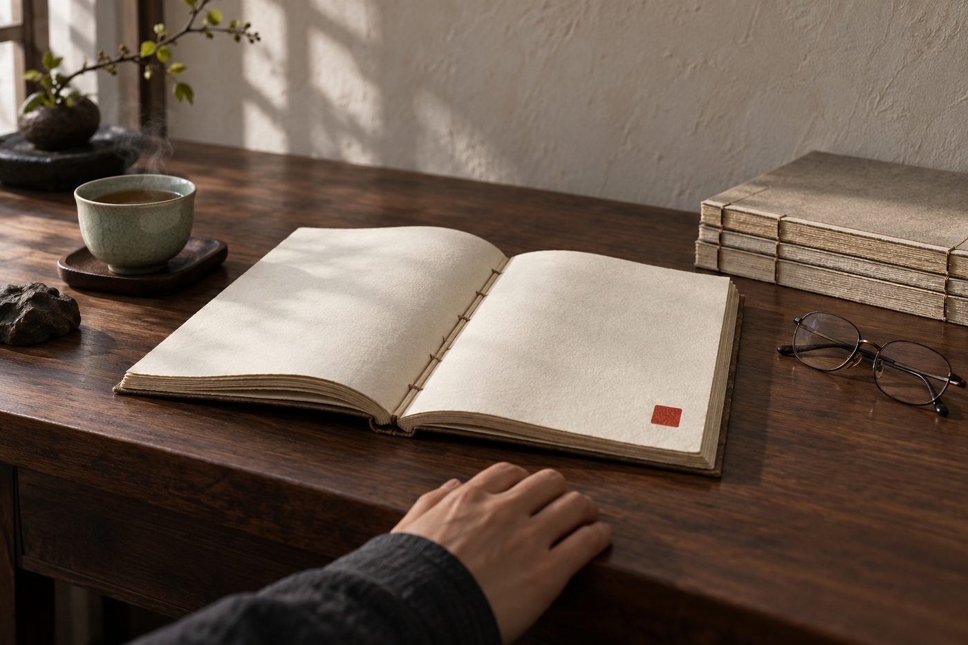 A thick thread-bound booklet of cream paper lying open on a dark walnut desk, a solid red seal square at one corner of a blank page, folded reading glasses, a celadon cup of tea and a stack of closed booklets beside it, lit from the left, while a hand in a charcoal sleeve rests on the desk edge.