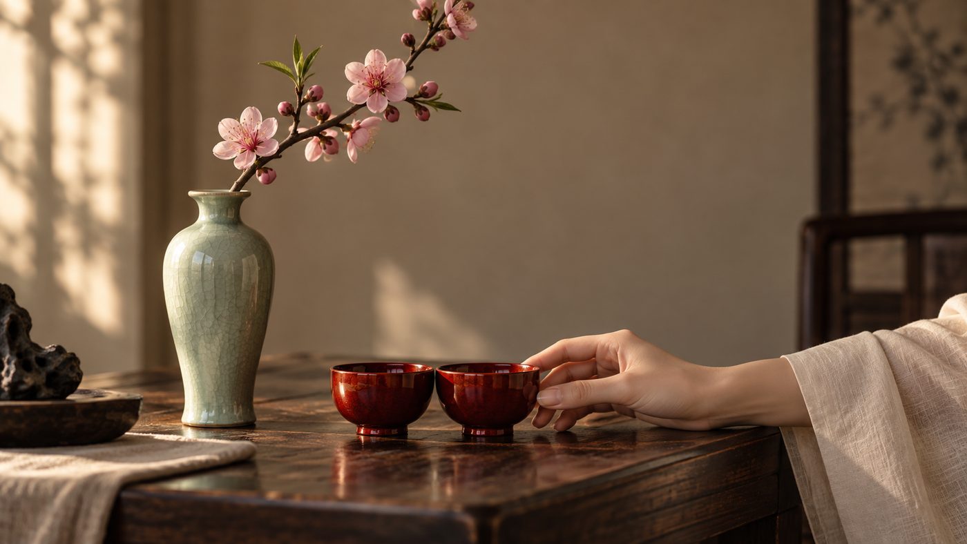 A branch of pink peach blossom in a celadon vase on a dark wooden table, two small red lacquer cups set side by side in front of it, and a hand resting at the table edge in soft window light.