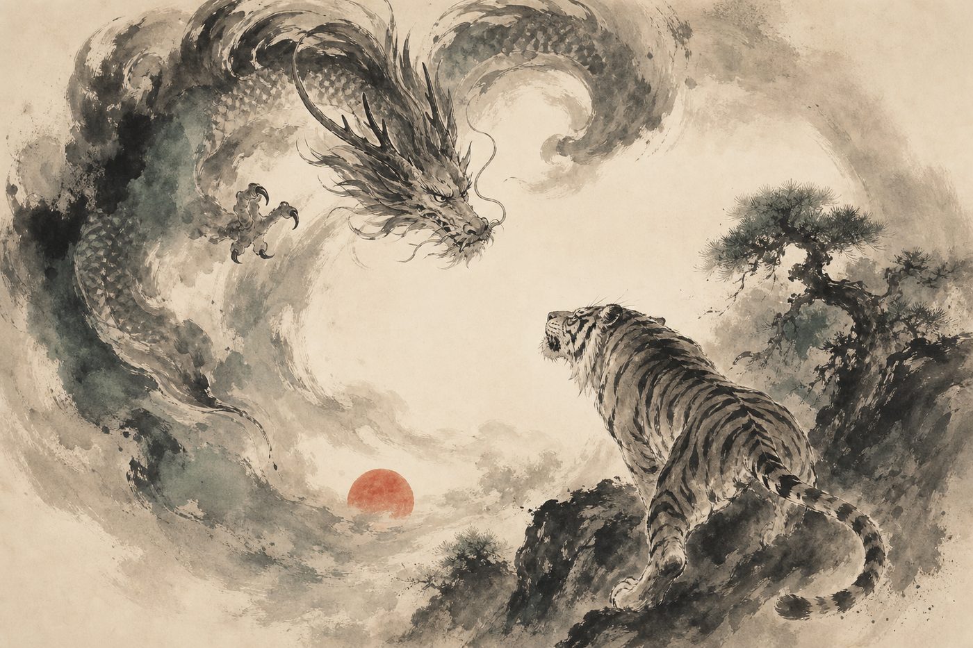 Ink-wash painting of a dragon and a tiger circling each other around a bright misty center, with a small cinnabar moon.