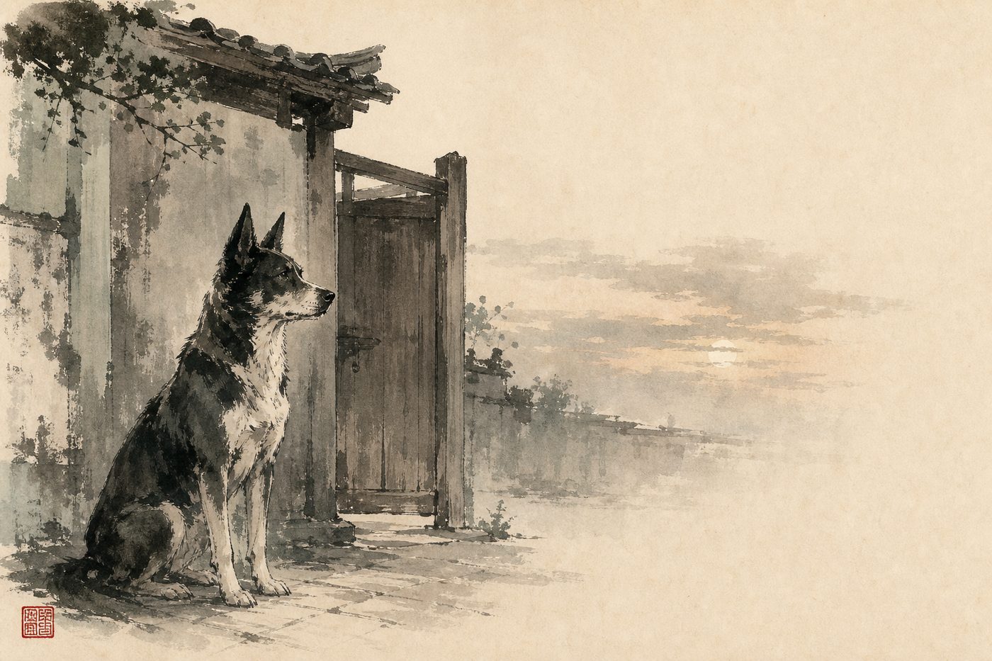 Ink-wash painting of an alert dog seated at a gate, ears raised, in the site's sumi-e style.
