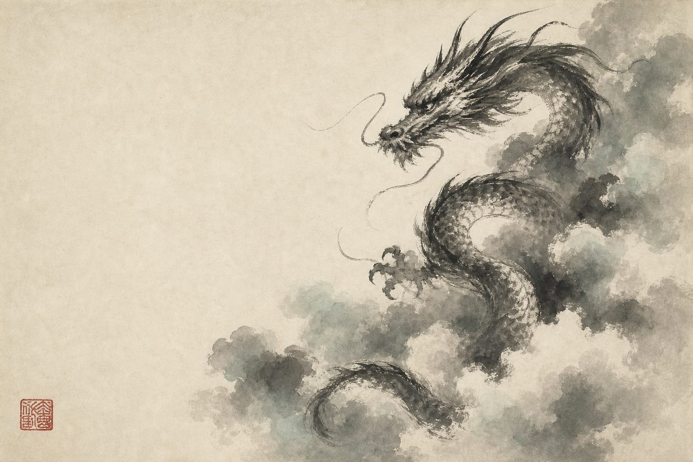Ink-wash painting of a Chinese dragon coiling through storm clouds, in the site's sumi-e style.