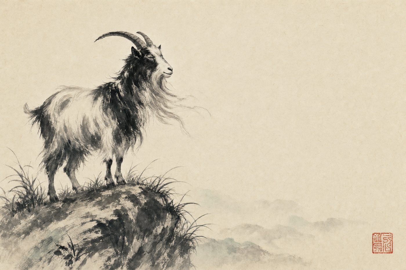 Ink-wash painting of a goat standing on a grassy outcrop, in the site's sumi-e style.