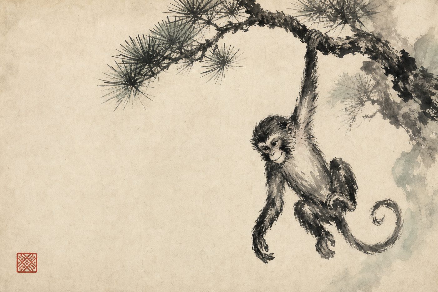 Ink-wash painting of a monkey swinging from a pine branch, in the site's sumi-e style.