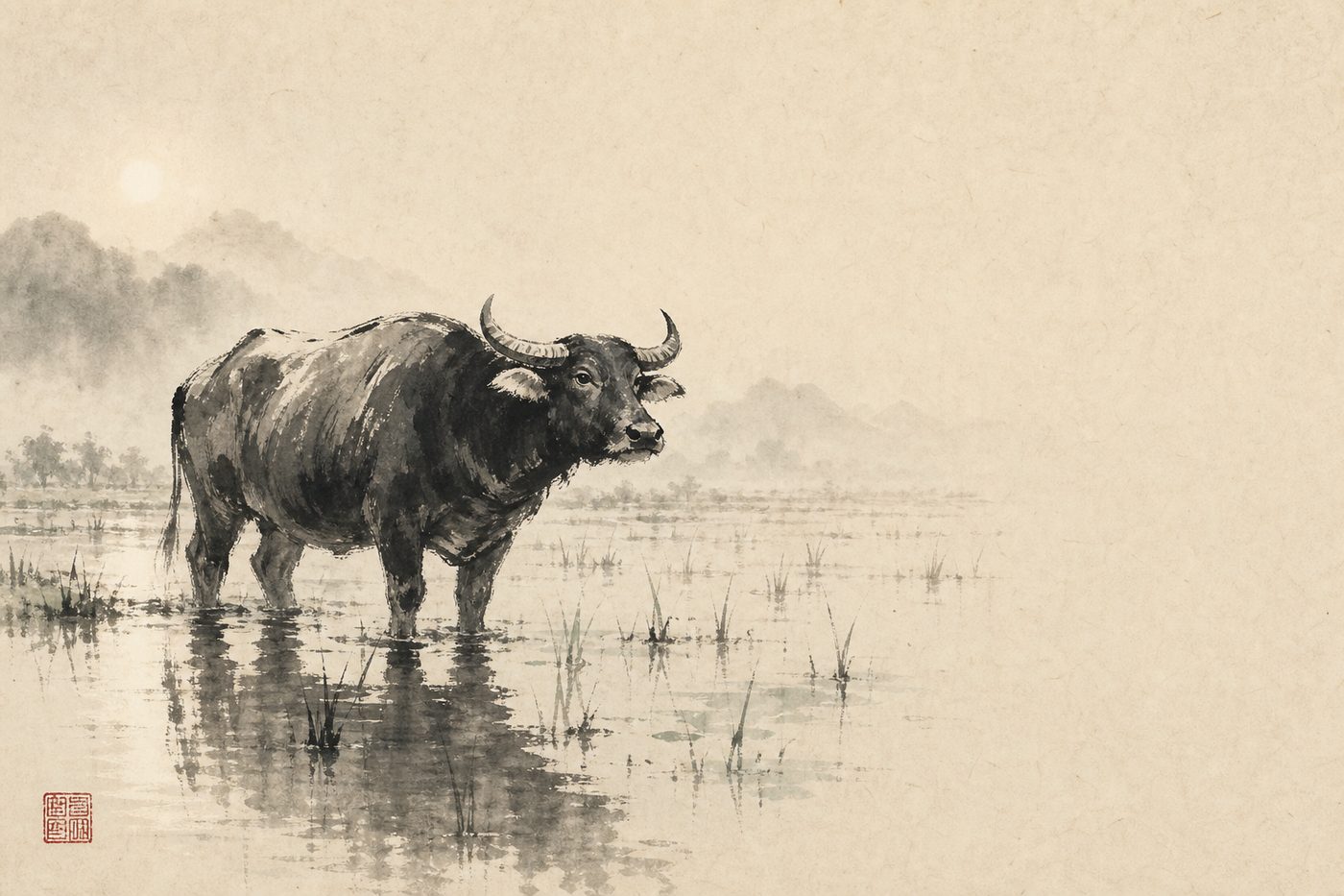 Ink-wash painting of a sturdy ox standing in a rice field, in the site's sumi-e style.