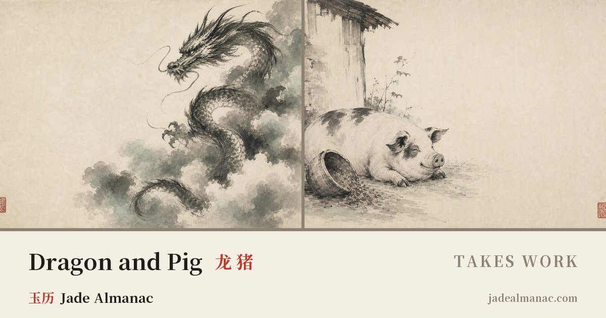 Share card: Dragon and Pig, Takes work in the Chinese zodiac