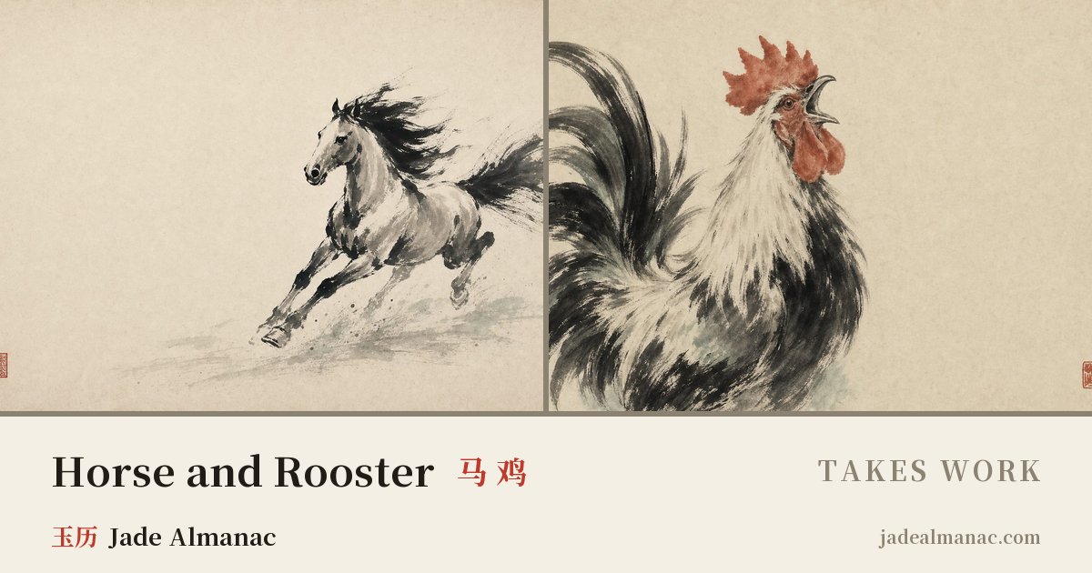 Share card: Horse and Rooster, Takes work in the Chinese zodiac