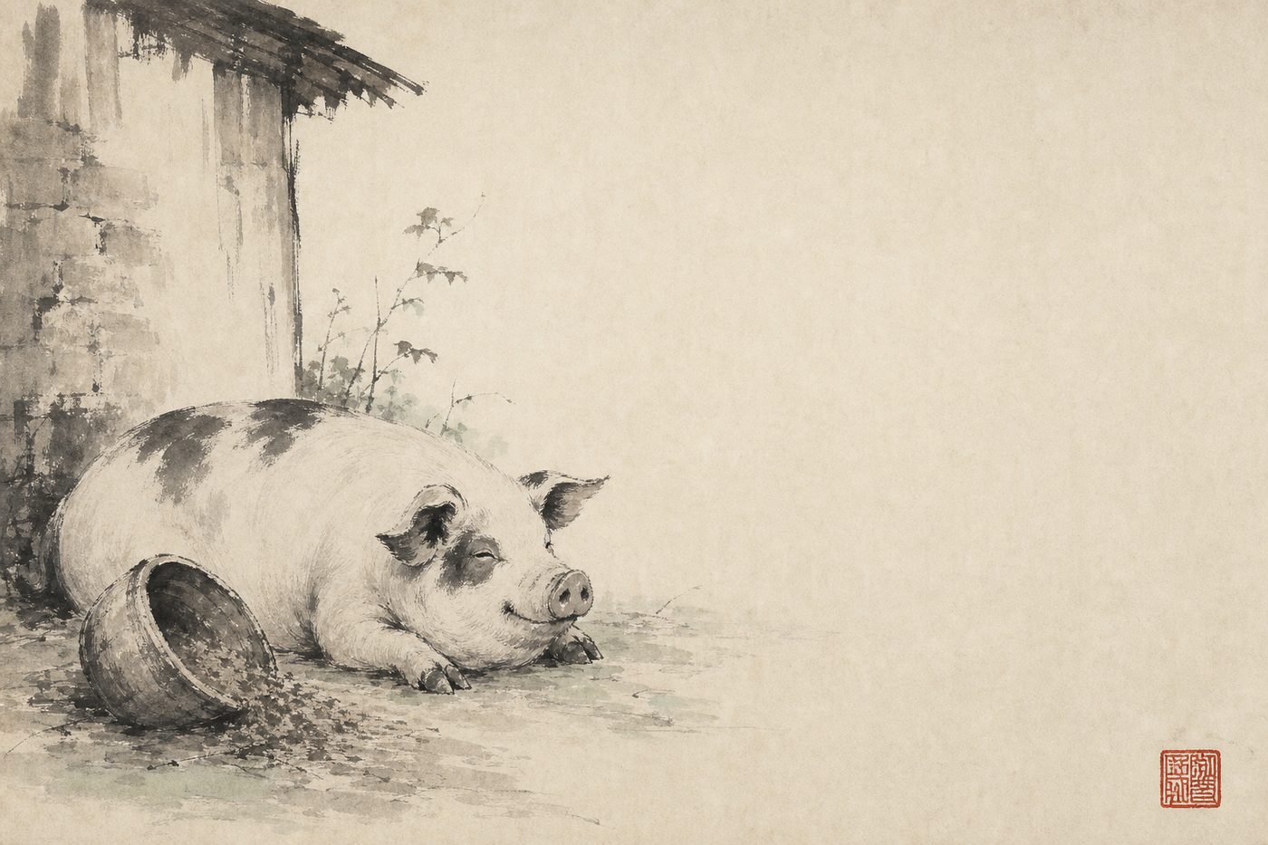 Ink-wash painting of a plump contented pig beside a farmhouse wall, in the site's sumi-e style.