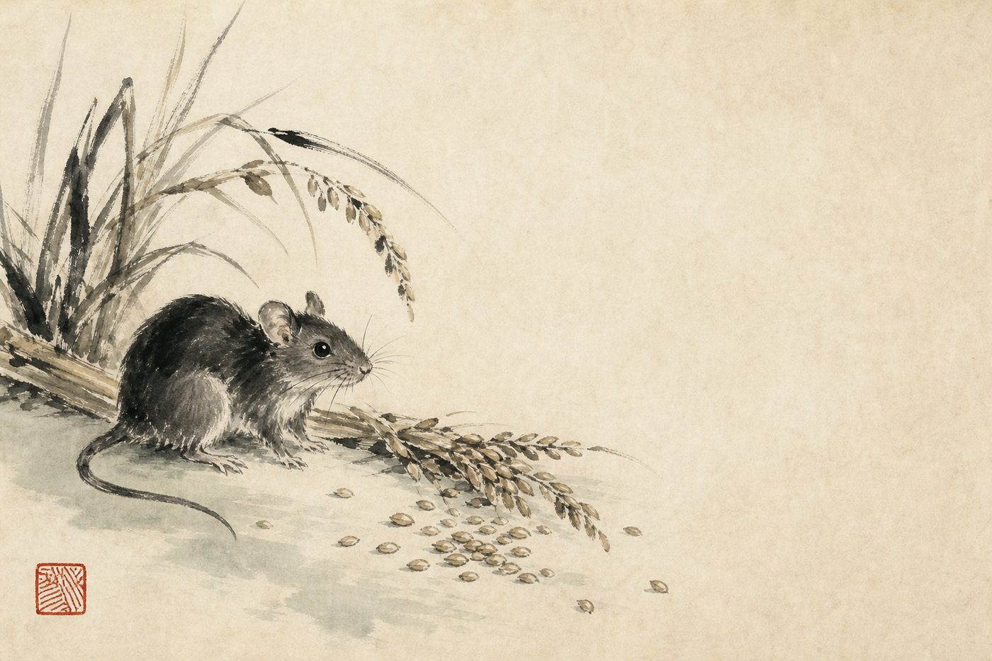 Ink-wash painting of a small alert rat beside grain stalks, in the site's sumi-e style.