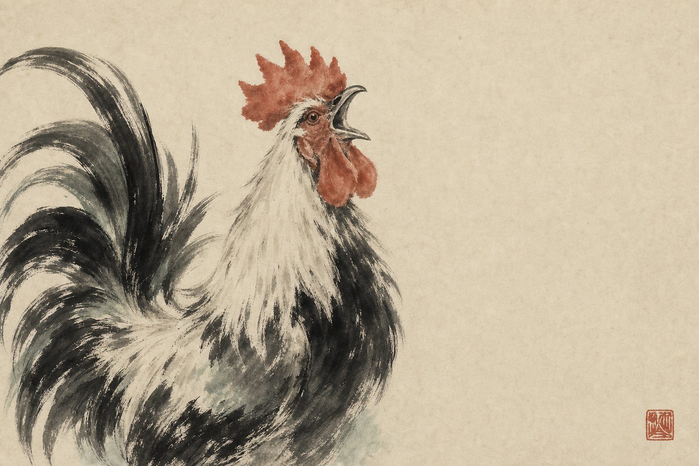 Ink-wash painting of a rooster mid-crow, tail feathers sweeping, in the site's sumi-e style.