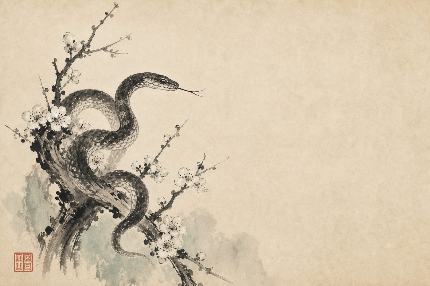 Ink-wash painting of a snake coiled among plum branches, in the site's sumi-e style.