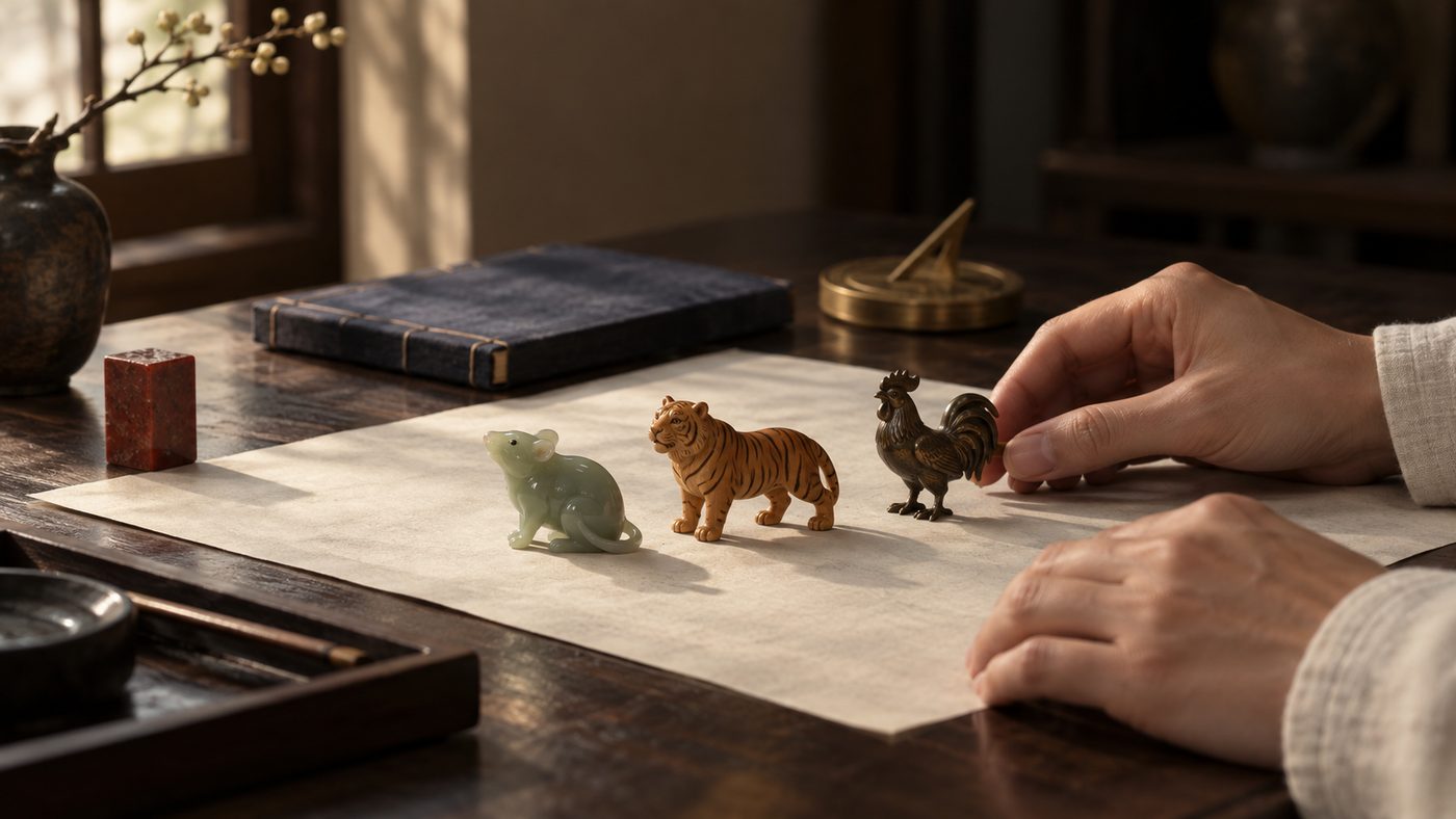 Three small carved figures, a jade rat, a boxwood tiger and a bronze rooster, standing in a row on a blank sheet of cream rice paper on a dark scholar's desk, a closed indigo-bound book, a brass sundial and a red seal stone beside them, a pair of hands resting at the paper's edge.