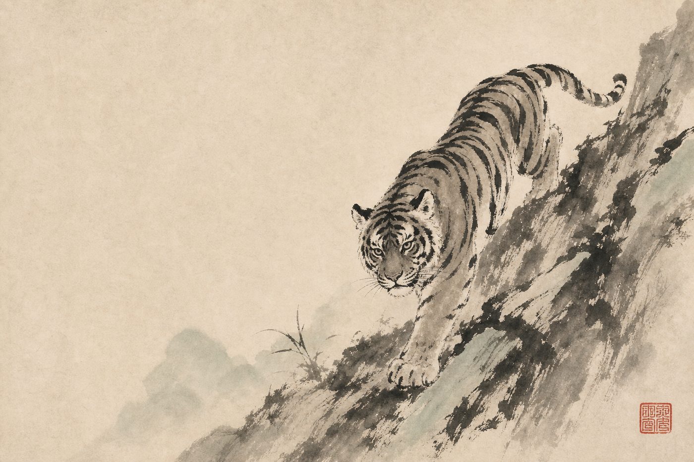 Ink-wash painting of a tiger descending a rocky slope, stripes in bold brushstrokes, in the site's sumi-e style.