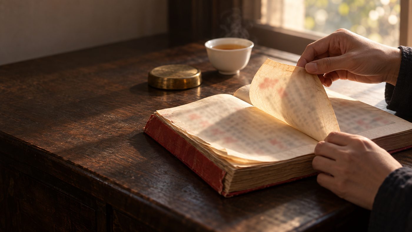 Hands turn a thin, light-filled page of a thick, red-covered Chinese almanac on a dark wooden desk in early morning light, the print softened to a blur, with a cup of tea beside it.