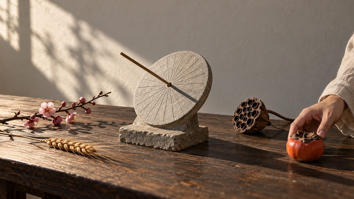 A small stone sundial cut with fine radial lines, the shadow of its bronze gnomon falling across the face, on a wooden table in low sunlight beside a plum sprig, an ear of wheat, a dry lotus pod and a persimmon a hand is setting down.