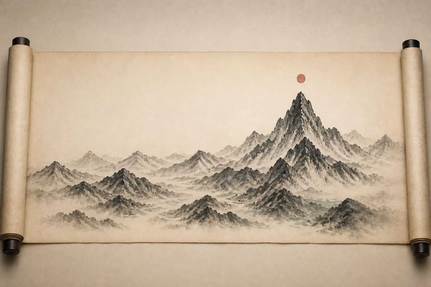 An ink painting of a mountain range in mist, one small cinnabar seal floating above the tallest peak.