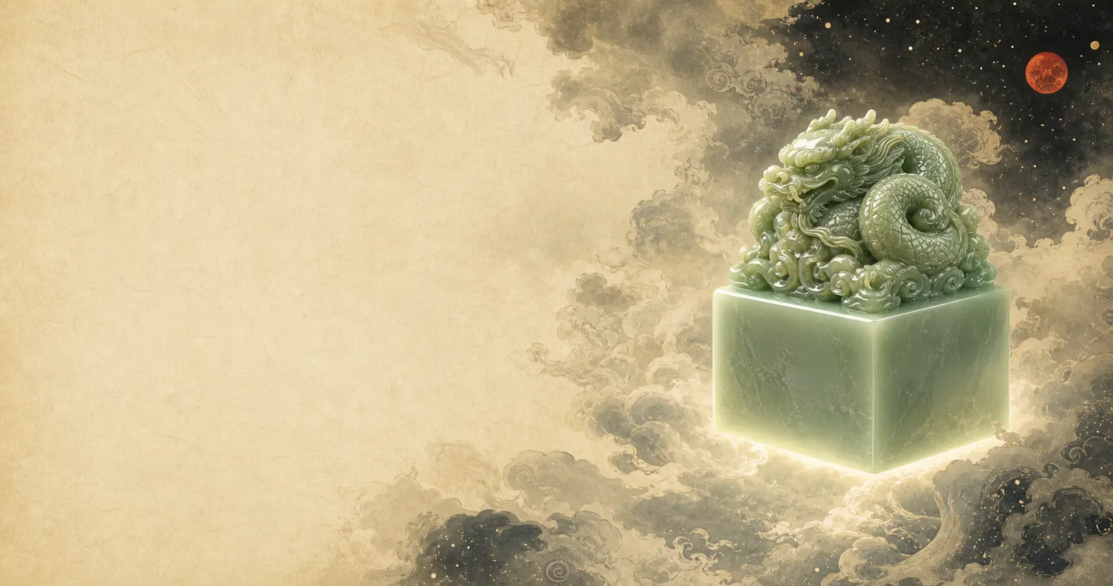 A pale green jade seal with a dragon carved on its knob, floating among ink clouds against a starfield with a small red sun.