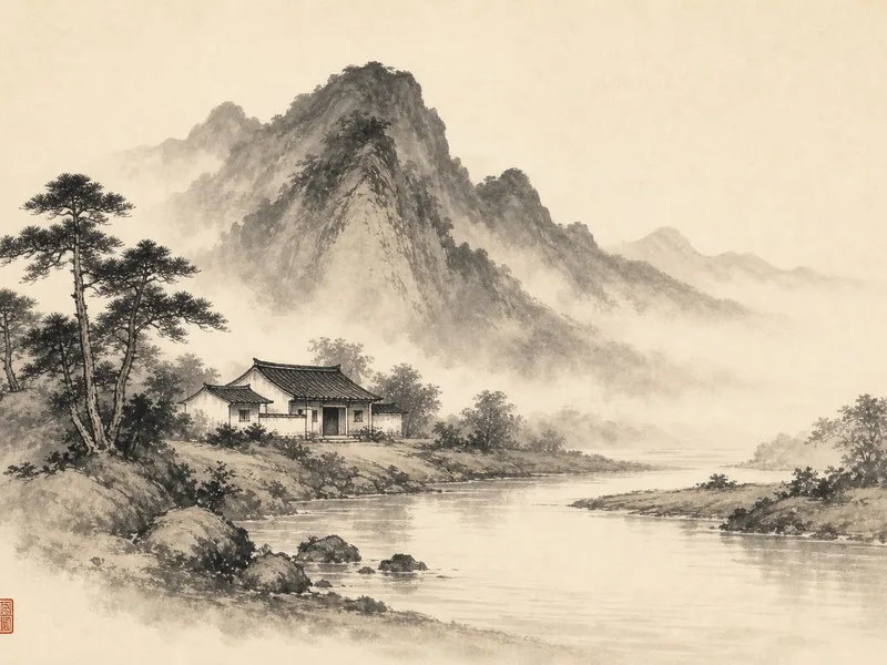 An ink painting of a house with a mountain rising behind it and a river flowing in front.