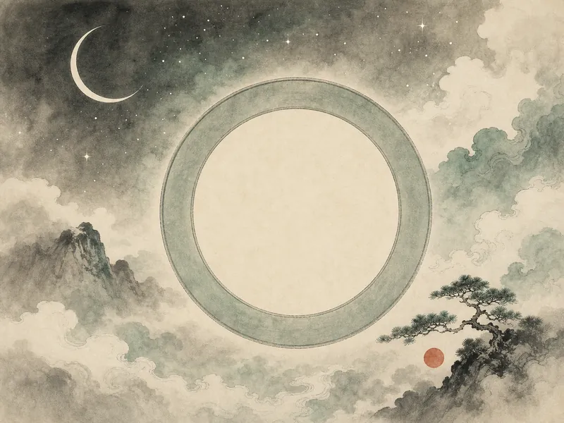 An ink landscape of a jade ring in a starry sky, with a crescent moon, pine, and mountains.