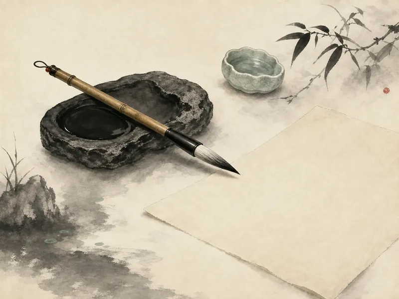 An ink painting of a bamboo brush resting on an inkstone beside a blank sheet of paper.
