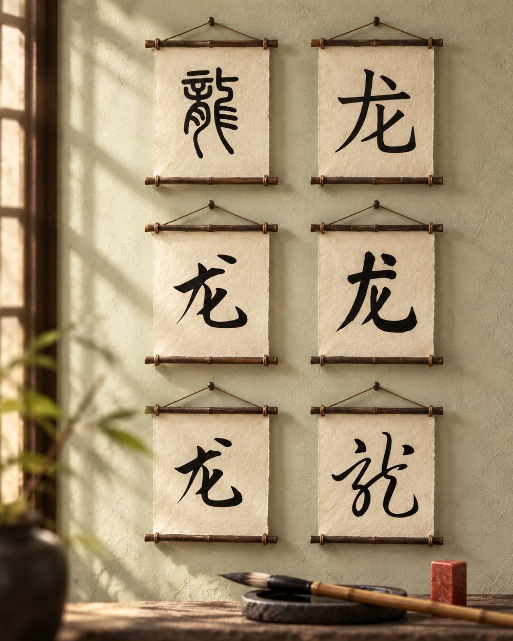 The Chinese character for dragon in six calligraphy styles, from seal script to cursive, on small hanging scrolls of rice paper.