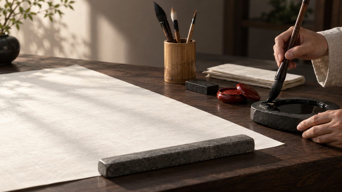 On a dark desk a blank sheet of rice paper is held down by a stone paperweight while a hand in a linen sleeve shapes the wet tip of a large brush against the rim of a black inkstone, a bamboo brush pot and a half-open red seal-paste box behind.