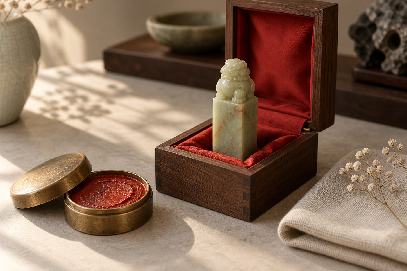 A jade-toned stone seal standing in a walnut box lined with red silk, beside a tin of cinnabar paste.