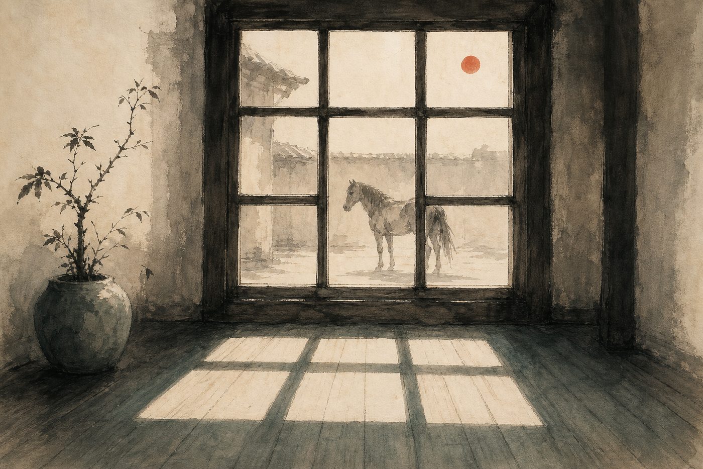 Ink-wash painting of a nine-pane lattice window casting a three-by-three grid of noon light onto a wooden floor, a horse standing in the bright courtyard beyond.