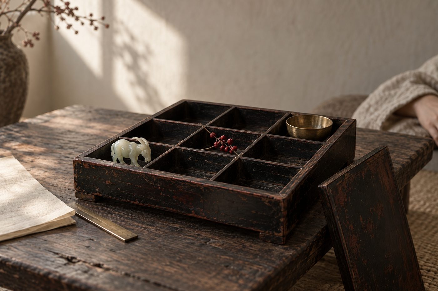 A nine-compartment lacquered tray on a low wooden table in side light, most cells empty, a small jade goat in one corner cell, a brass bowl in the opposite corner, and a single sprig of red berries in the center.