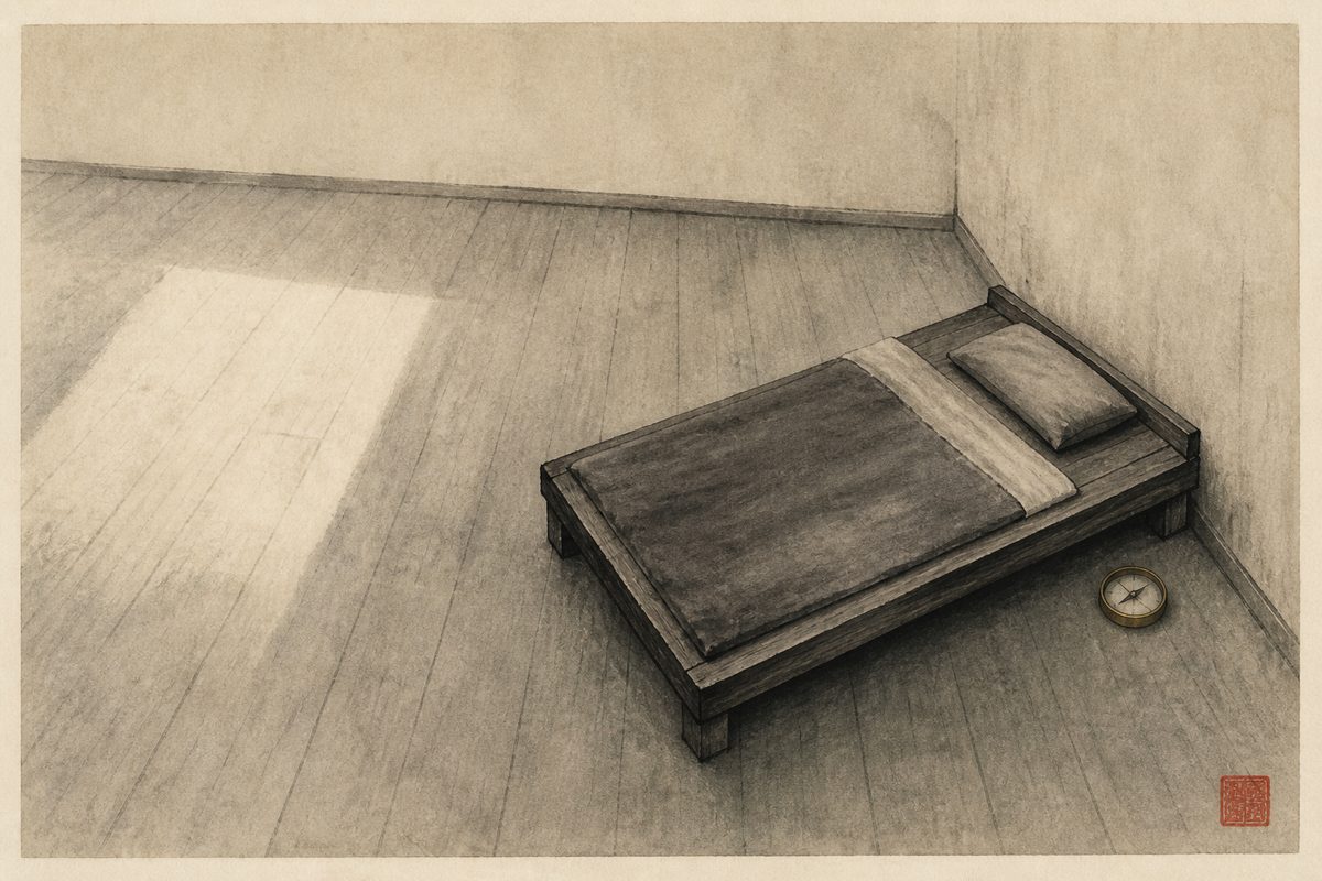 Ink-wash painting seen from above of a plain wooden bed with a single pillow at one end, standing in an empty room, with a small brass compass resting on the bare floorboards beside the head of the bed.