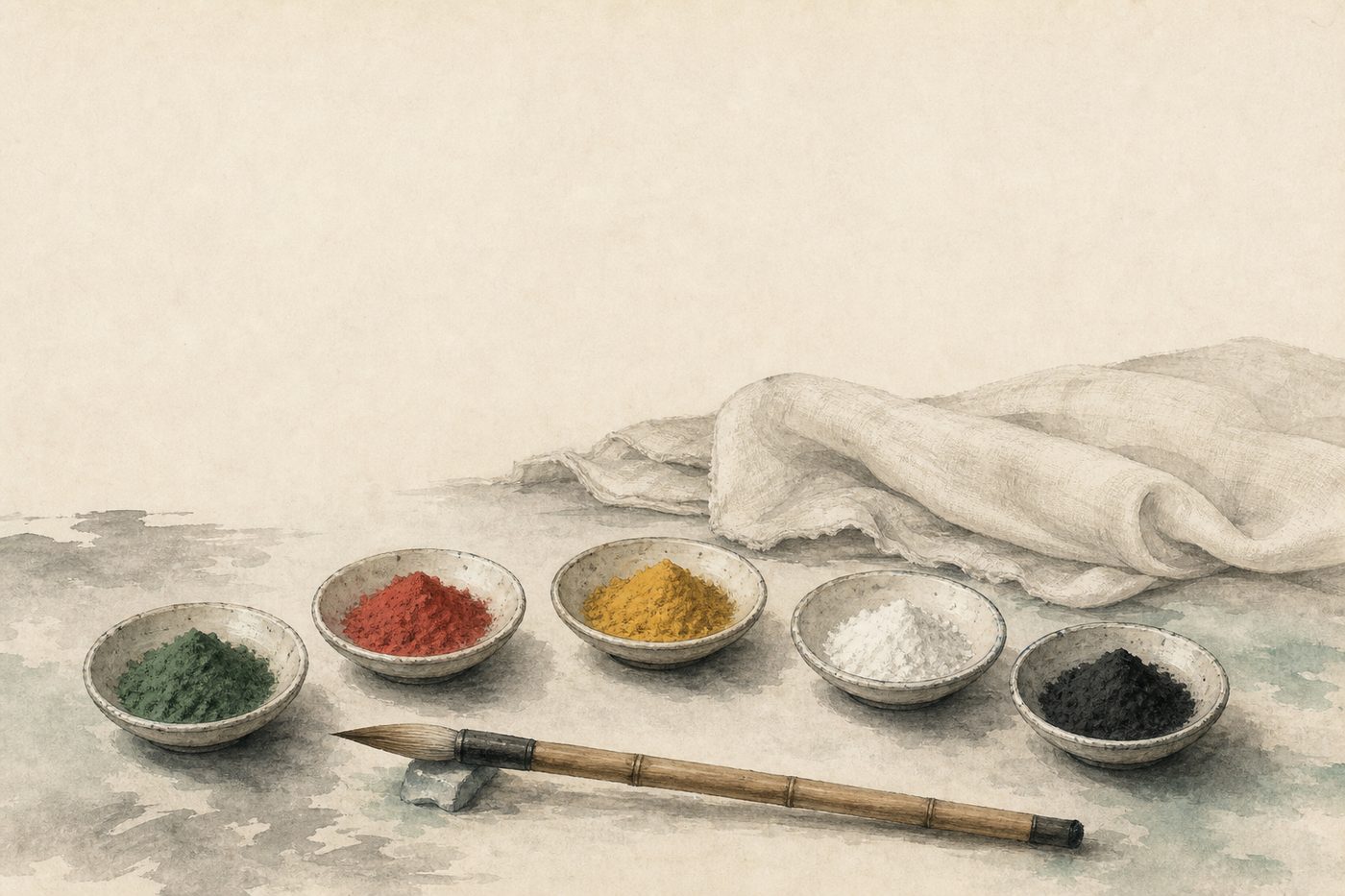 Ink-wash still life of five shallow dishes of dry pigment, green, red, yellow, white, and black, arranged in an arc beside a brush on rice paper.