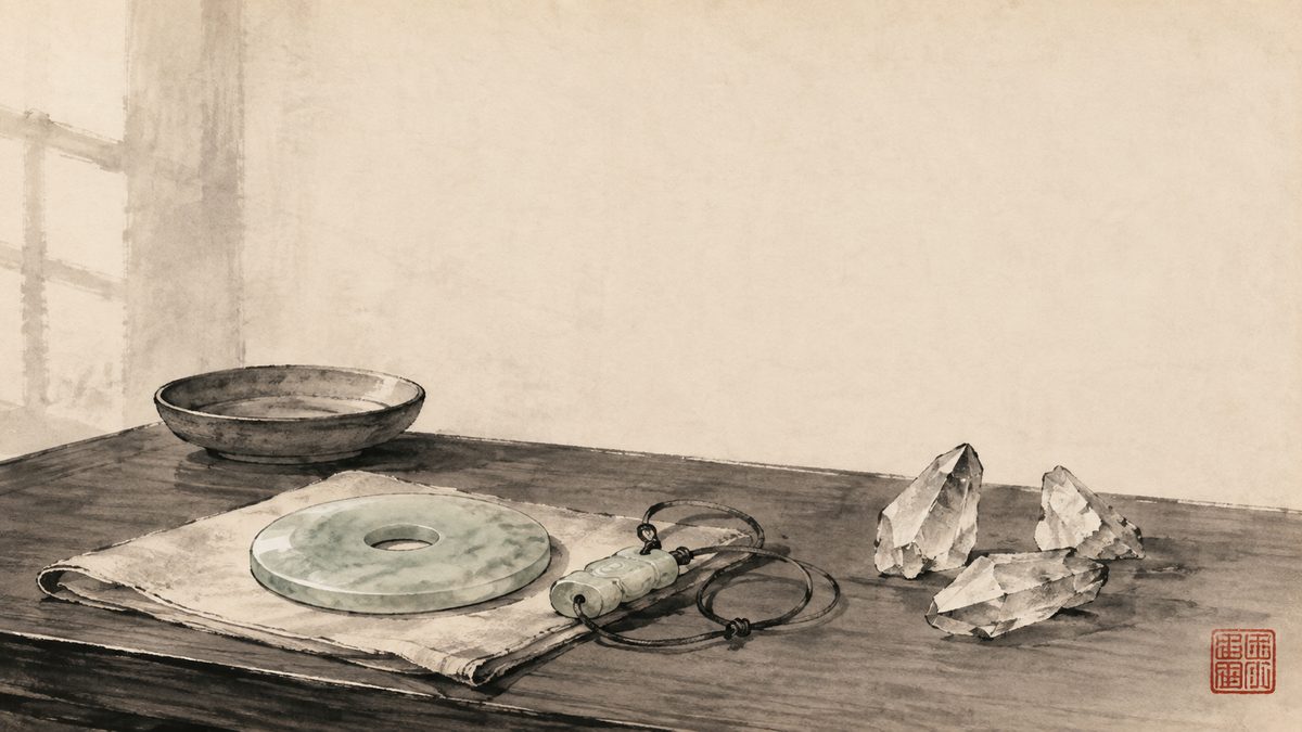 Ink-wash still life of a jade disc and a carved jade toggle on a scholar's table, with a few rough uncut quartz points set apart at the edge.