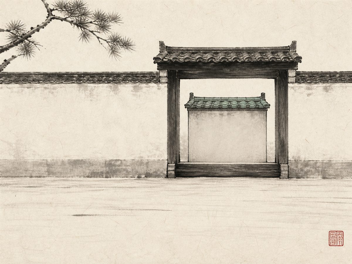 Ink-wash painting of a traditional Chinese courtyard gateway seen from outside, with a high wooden threshold beam across the open doorway, a plain free-standing screen wall set just inside to block the view through, and a wide swept forecourt of empty ground in front.