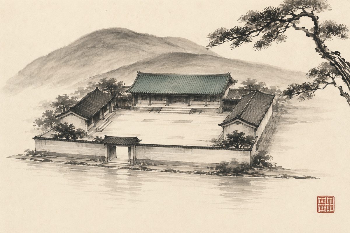 Ink-wash painting of a traditional Chinese courtyard house seen from above, its main hall sitting against a low hill at the back and its open court facing bright water at the front.