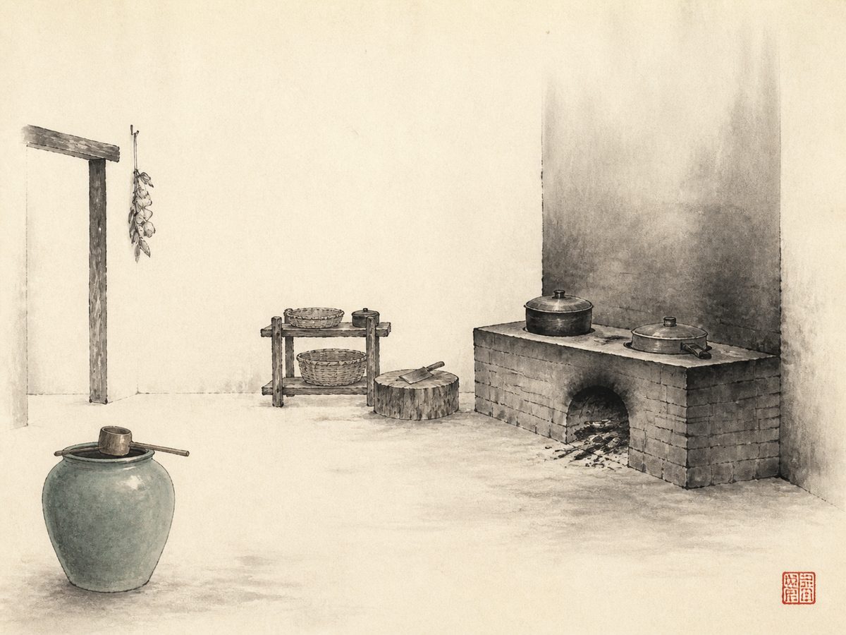 Ink-wash painting of a traditional Chinese kitchen, with a brick stove built against a solid back wall, a water jar standing well apart from it, and a doorway set off to one side rather than facing the stove.
