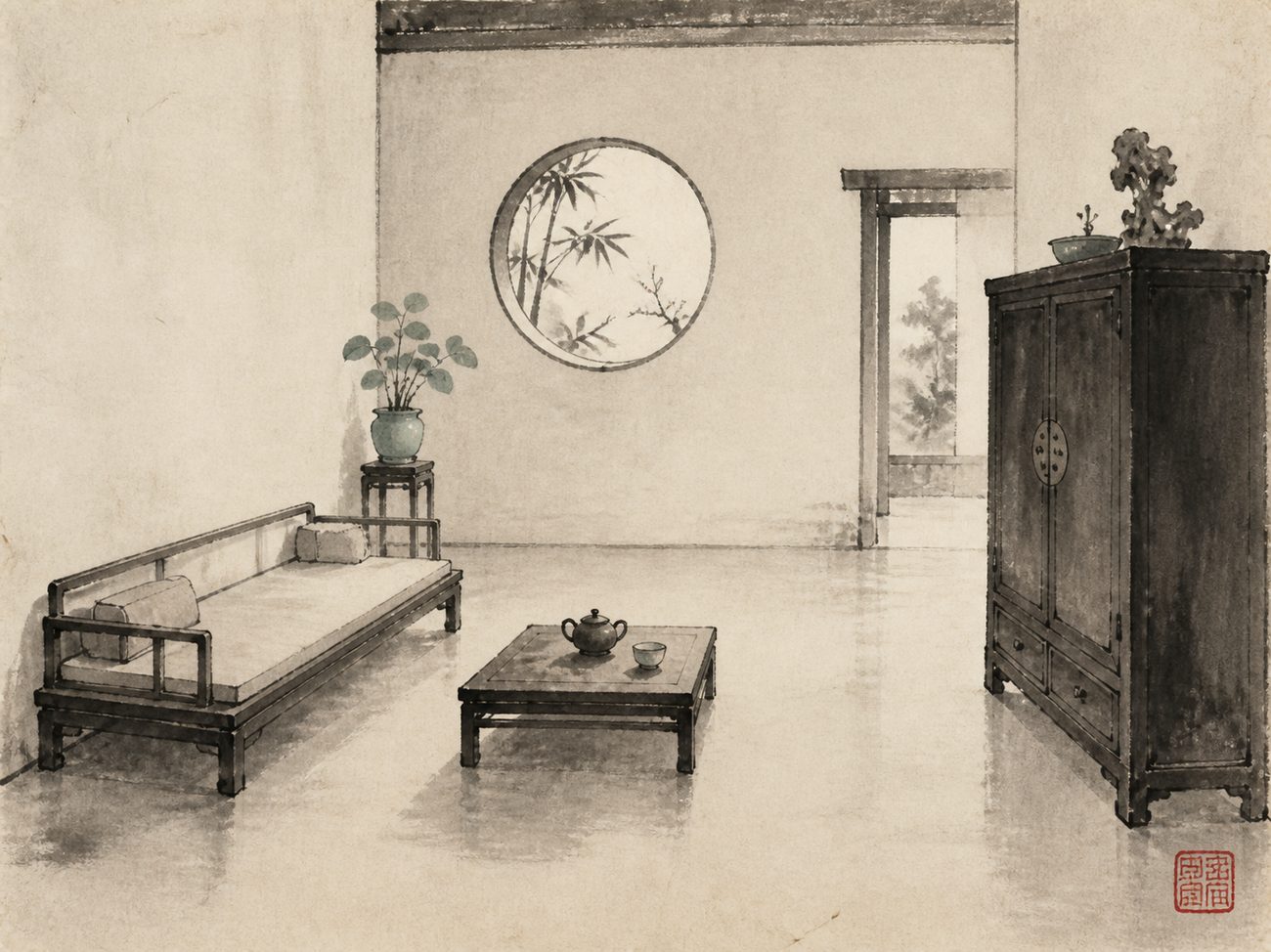 Ink-wash painting of a traditional sitting room, with a low couch backed against a solid wall facing a taller dark cabinet across an open floor, a round moon window above and a doorway set to one side.