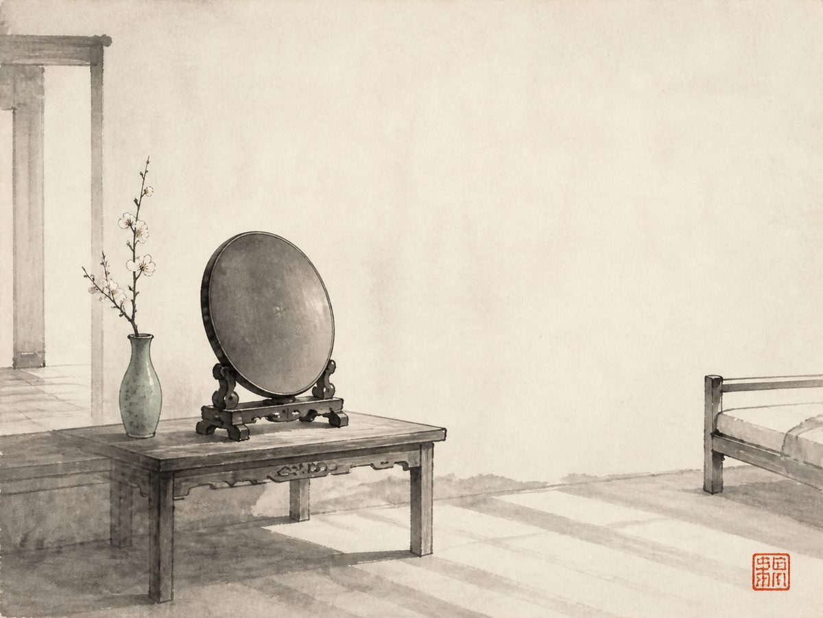 Ink-wash painting of a round bronze mirror on a wooden stand, standing at an angle in an empty room so that it reflects a plain wall rather than the bed or the doorway behind it.