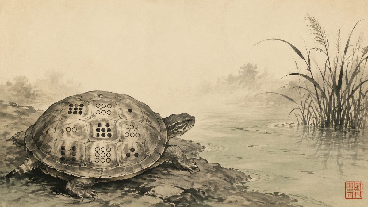 Ink-wash painting of a river turtle coming out of shallow water, an ancient pattern of clustered dots laid out in three rows across its shell.